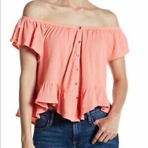 Free People Coral Mint Julep Off Shoulder Ruffle Top M